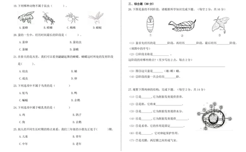 三下第二单元《动物的一生》检测B卷_三年级上下册资料_小学三年级学习资料-25年更新版_3-10、小学三年级科学下册_教科版_单元测试卷