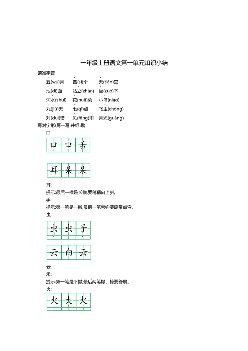 一（上）语文第一单元知识重点_一年级上下册资料_小学一年级学习资料-25年更新版_1-01、小学一年级语文上册_01、知识汇总_一（上）语文单元知识重点