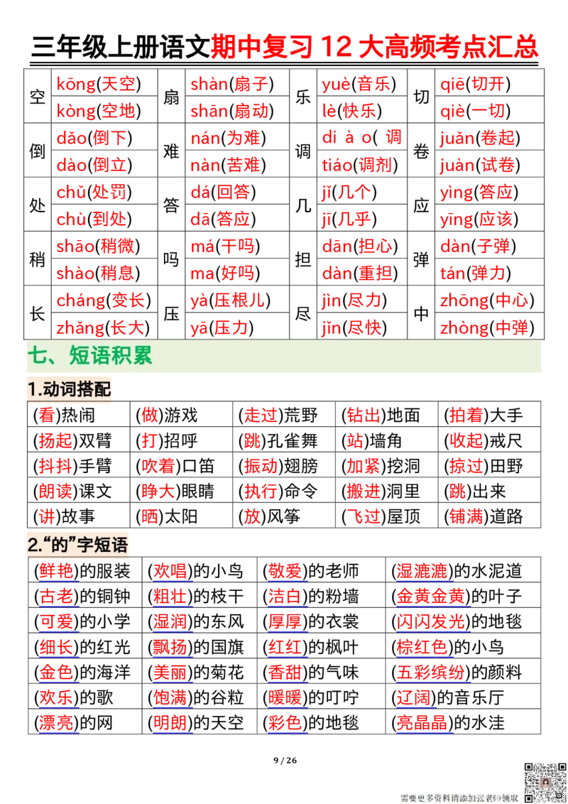 三年级上册语文期中复习12大高频考点汇总_三年级上下册资料_三年级上册小红书同款资料_三年级(1)