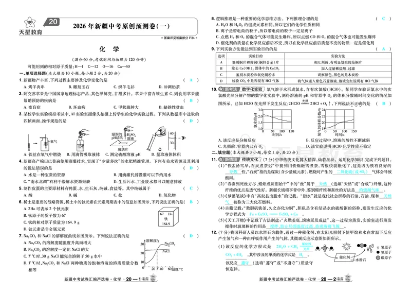 2026《中考化学45套》新疆_2026《中考》数学、英语、物理+化学安徽、河北、河南、山西、辽宁、湖北_2026《中考化学45套》_答案版