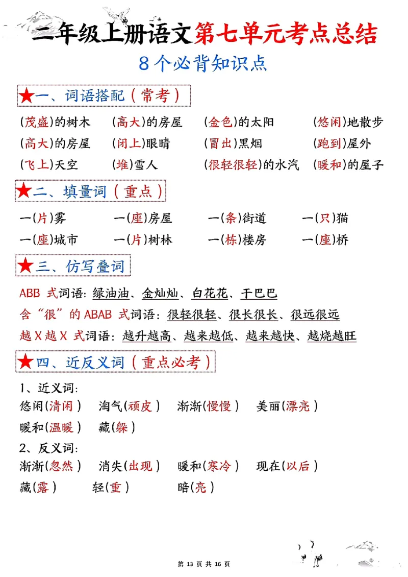 二上语文1-8单元考点总结（8个必背知识点）含练习32页_一到六小学晨读晚默晨诵晚读_24秋二年级上册各类资料(小纸条知识点默写单)
