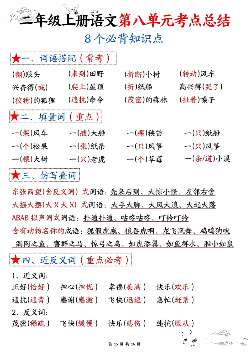 二上语文1-8单元考点总结（8个必背知识点）含练习32页_一到六小学晨读晚默晨诵晚读_24秋二年级上册各类资料(小纸条知识点默写单)