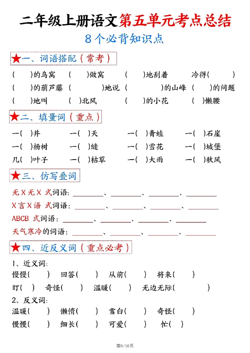 二上语文1-8单元考点总结（8个必背知识点）含练习32页_一到六小学晨读晚默晨诵晚读_24秋二年级上册各类资料(小纸条知识点默写单)