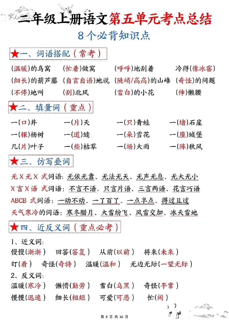 二上语文1-8单元考点总结（8个必背知识点）含练习32页_一到六小学晨读晚默晨诵晚读_24秋二年级上册各类资料(小纸条知识点默写单)