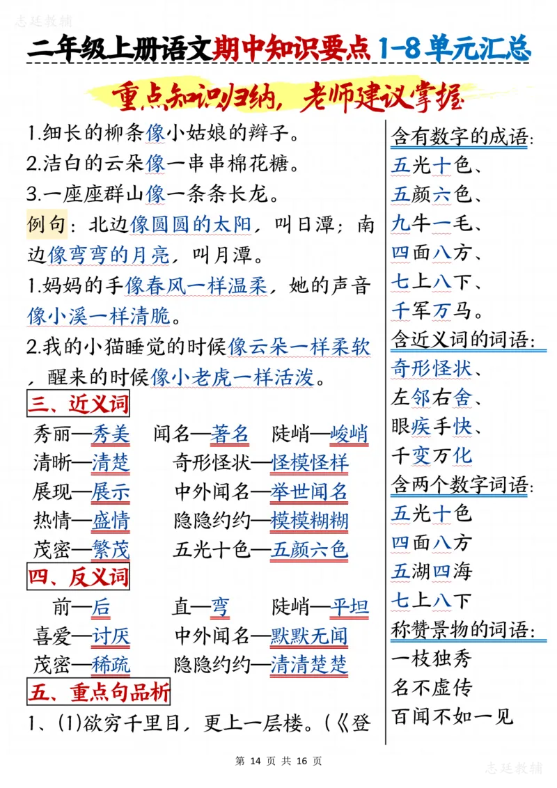 二版二年级上册语文期中知识要点1(1)_二年级上下册资料_二年级上册小红书同款资料_二年级