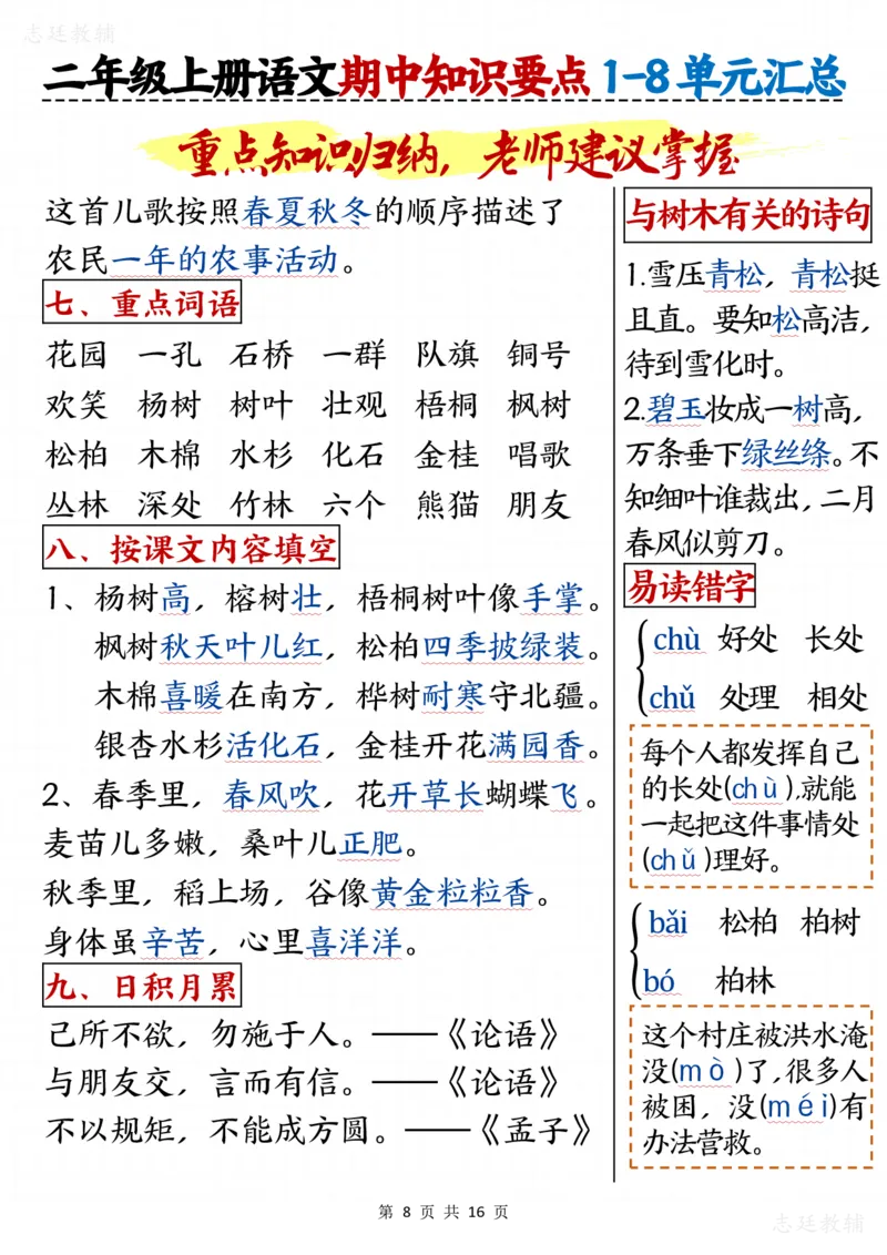 二版二年级上册语文期中知识要点1(1)_二年级上下册资料_二年级上册小红书同款资料_二年级