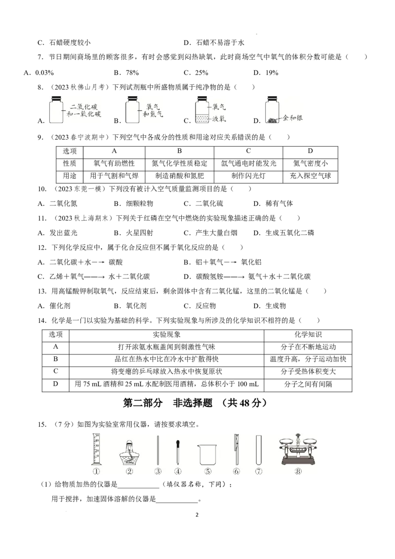 广州市第七中学东山学校2024--2025学年九年级上学期10月月考化学试卷_广州九上月考+期中+期末+一模二模+中考真题_九上月考_初三化学月考卷与答案