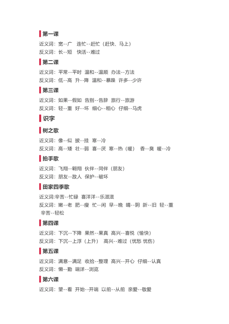 二年级上册语文-近义词反义词汇总_二年级上下册资料_小学二年级学习资料-25年更新版_2-01、小学二年级语文上册_2-1-1、复习、知识点、归纳汇总_知识汇总