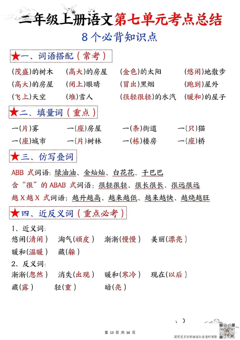 二年级上册语文1-8单元考点默写答案_二年级上下册资料_二年级上册小红书同款资料_二年级
