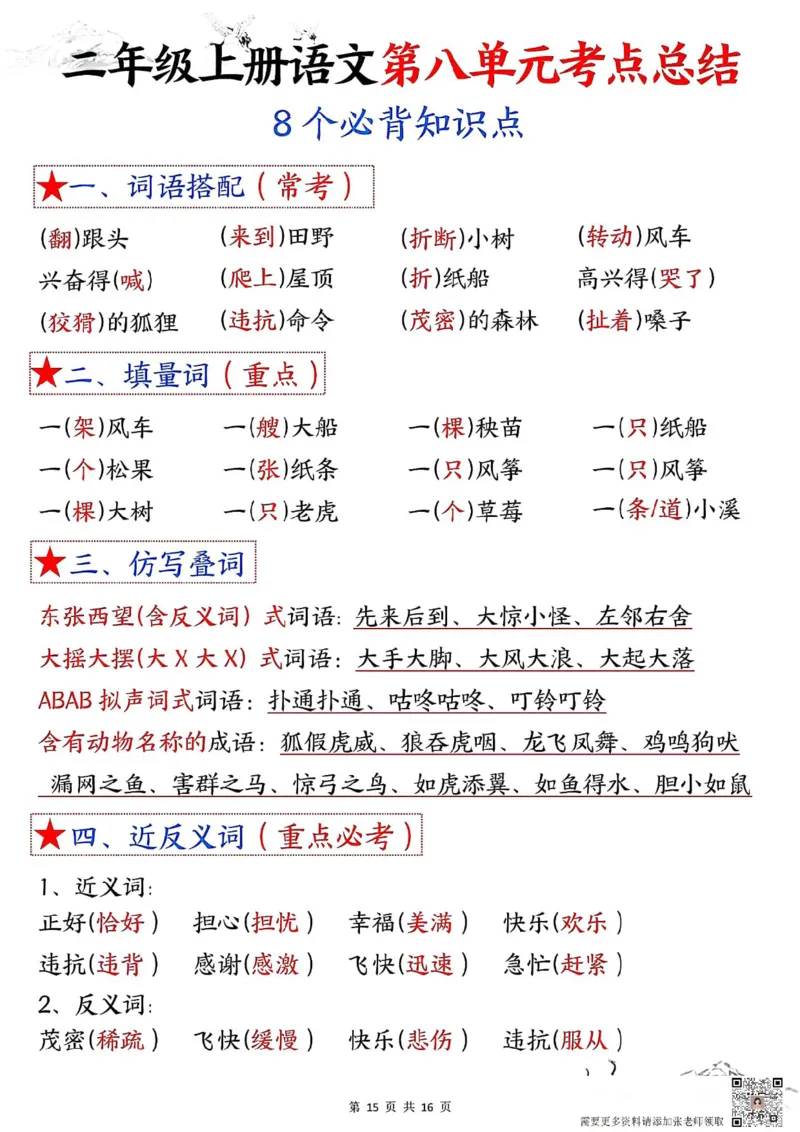 二年级上册语文1-8单元考点默写答案_二年级上下册资料_二年级上册小红书同款资料_二年级