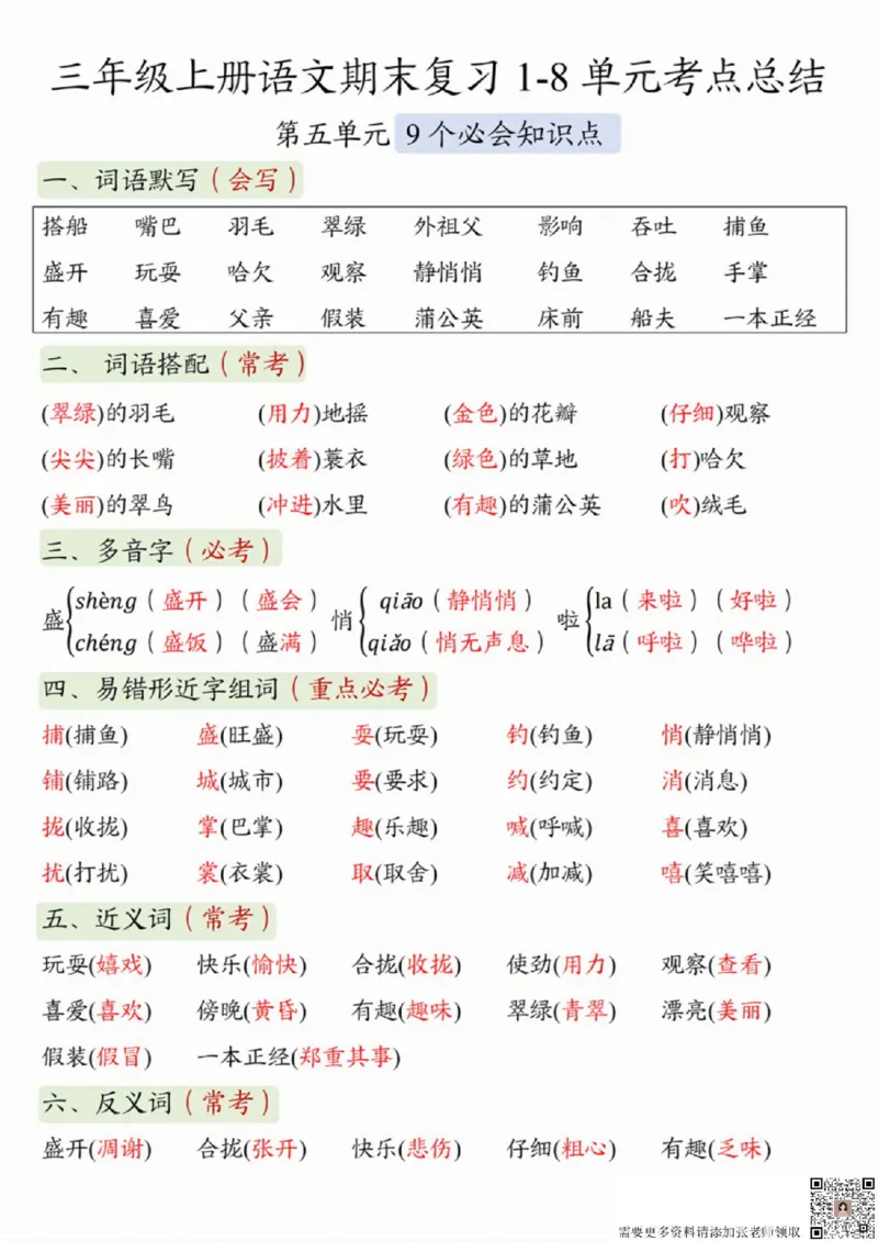 三（上）语文1-8单元考点总结(1)(3)(5)_三年级上下册资料_三年级上册小红书同款资料_三年级(1)