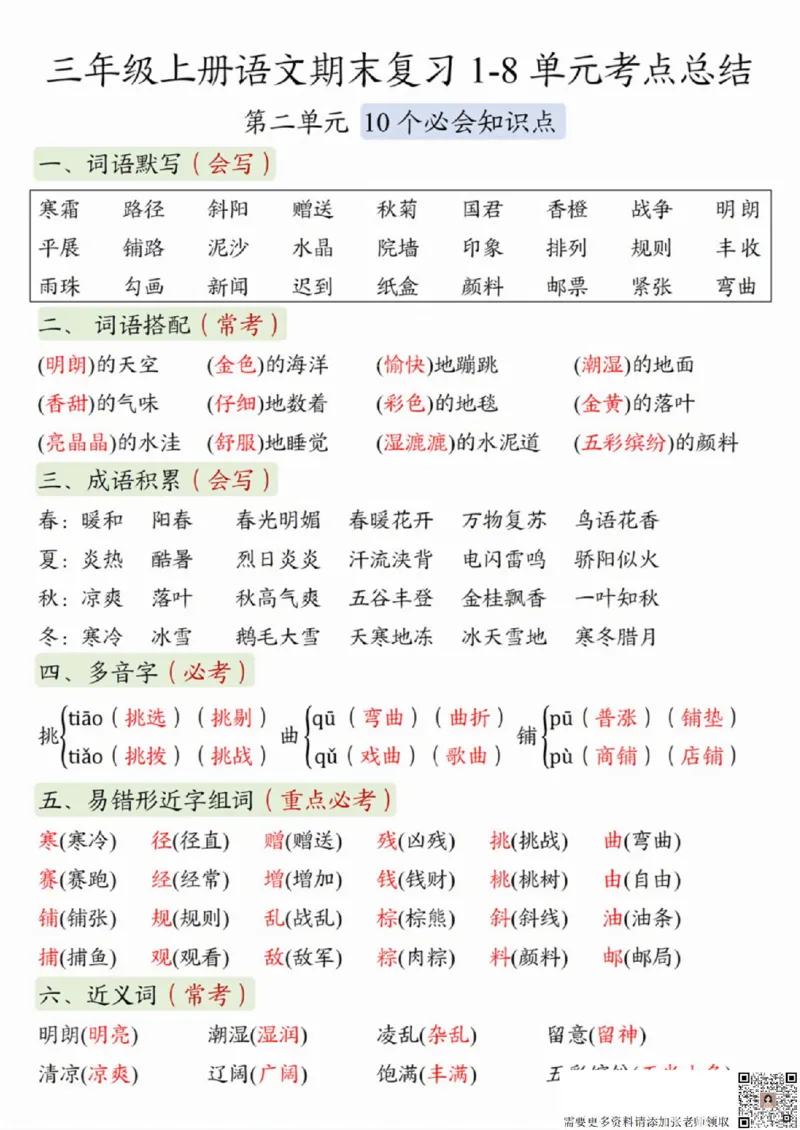 三（上）语文1-8单元考点总结(1)(3)(5)_三年级上下册资料_三年级上册小红书同款资料_三年级(1)