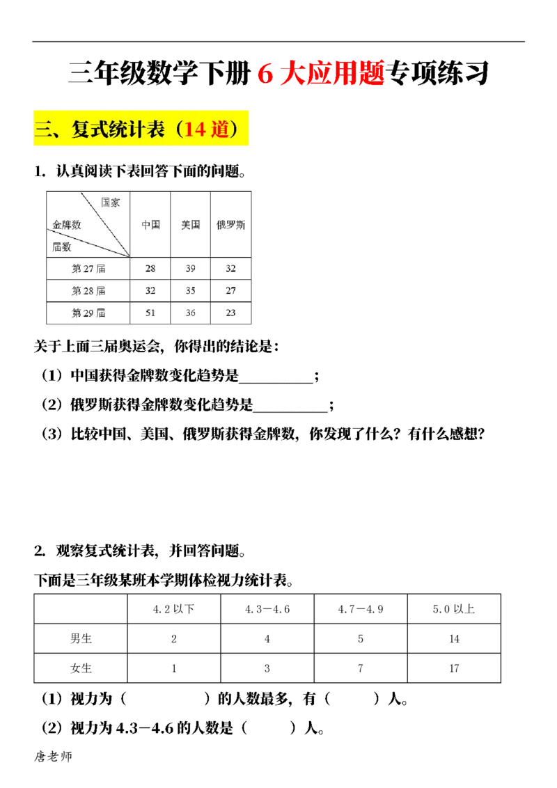 三（下）数学（通用版）6大应用题专项练习(1)_三年级上下册资料_三年级下册小红书同款资料_三下数学