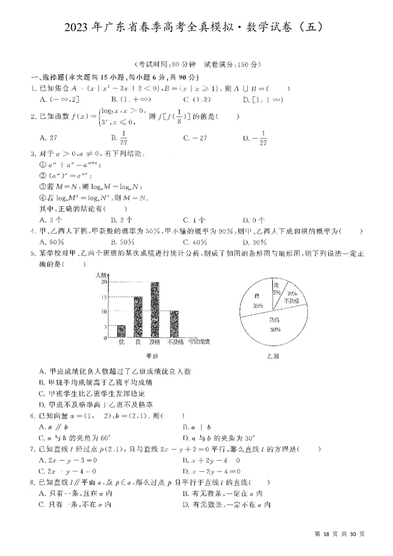5套模拟-2023广东普通高中学业考试全真模拟&mdash;&mdash;数学30页_普高真题卷_数学模拟卷