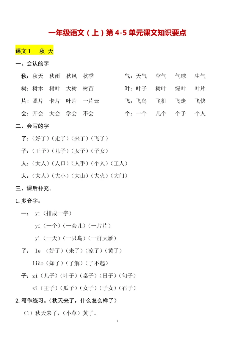 一（上）语文第4-5单元（每课）知识要点_一年级上下册资料_小学一年级学习资料-25年更新版_1-01、小学一年级语文上册_01、知识汇总_语文一（上）重点文件总汇