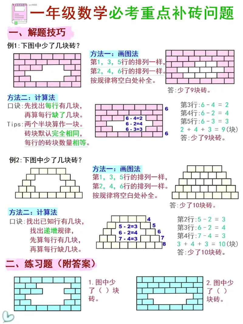 一年级数学《补砖补墙》讲解+习题1(1)_一年级上下册资料_小学一年级学习资料-25年更新版_1-04、小学一年级数学下册_1-4-1、复习、知识点、归纳汇总_解题技巧
