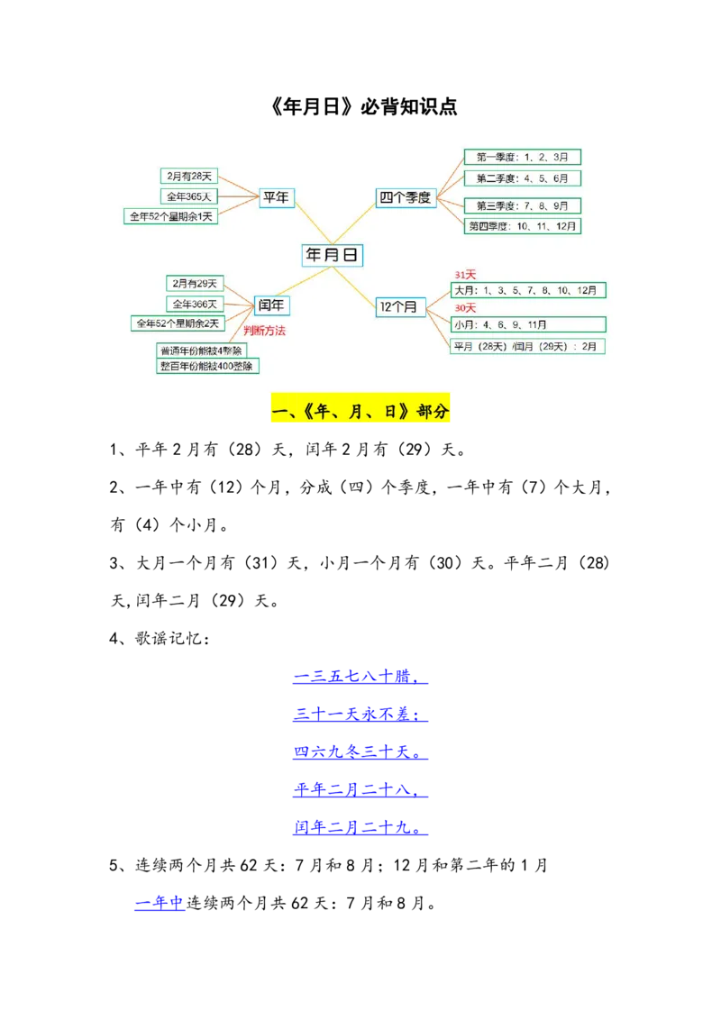 三年级数学年月日必背知识点整理4.19_三年级上下册资料_小学三年级学习资料-25年更新版_3-04、小学三年级数学下册_3-4-1、复习、知识点、归纳汇总_通用
