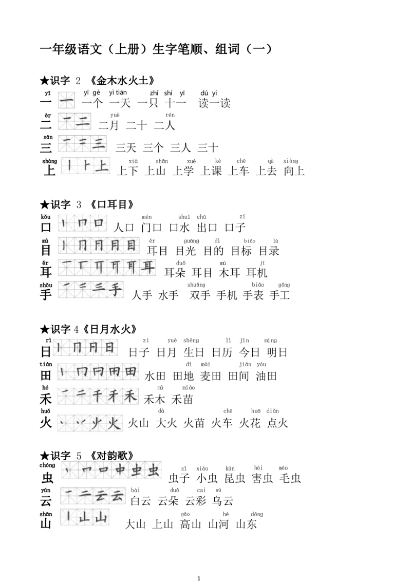 一（上）语文生字笔顺组词大全_一年级上下册资料_小学一年级学习资料-25年更新版_1-01、小学一年级语文上册_01、知识汇总_语文一（上）重点文件总汇