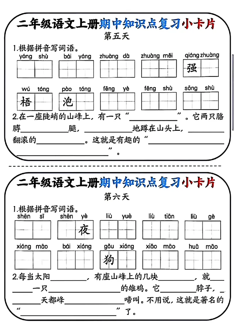 二年级语文上册期中知识点复习小卡片_二年级上下册资料_二年级上册小红书同款资料_二年级