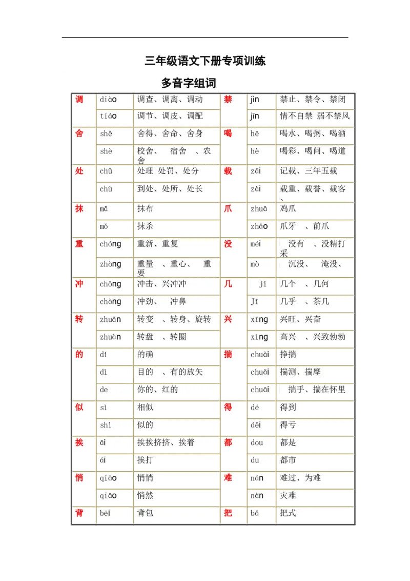 三年级下册语文多音字组词汇总_三年级上下册资料_小学三年级学习资料-25年更新版_3-02、小学三年级语文下册_3-2-1、学习资料、复习、知识点、归纳汇总_语文-知识汇总