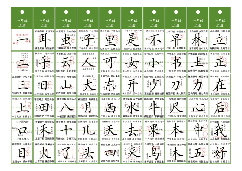 一年级同步精讲字卡（共6页）_一年级语文上册（统编版）_字帖