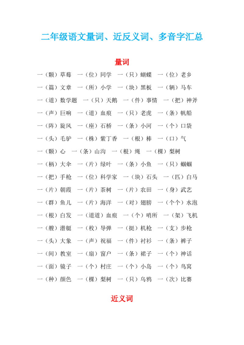 二年级上册语文量词，近反，多音字汇总，好运分享_二年级上下册资料_小学二年级学习资料-25年更新版_2-01、小学二年级语文上册_2-1-1、复习、知识点、归纳汇总_知识汇总