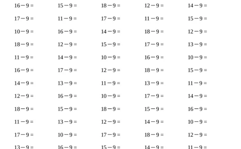 一年级口算练习题（十几减9等，共1800题)_一年级上下册资料_小学一年级学习资料-25年更新版_1-04、小学一年级数学下册_1-4-2、练习题、作业、试题、试卷_通用_通用重点必背+专项练习