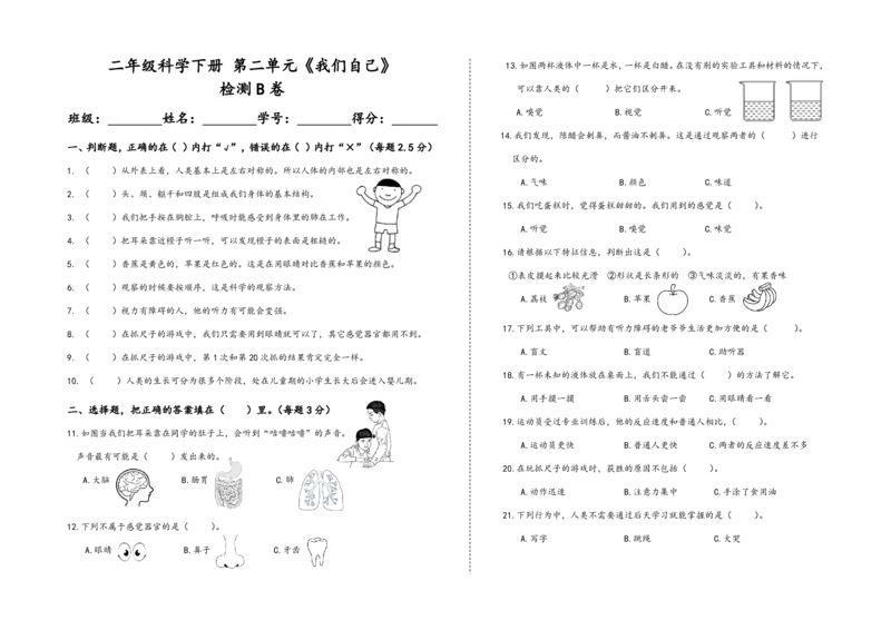 二下第二单元《我们自己》检测B卷_二年级上下册资料_小学二年级学习资料-25年更新版_2-10、小学二年级科学下册_教科版_单元测试卷
