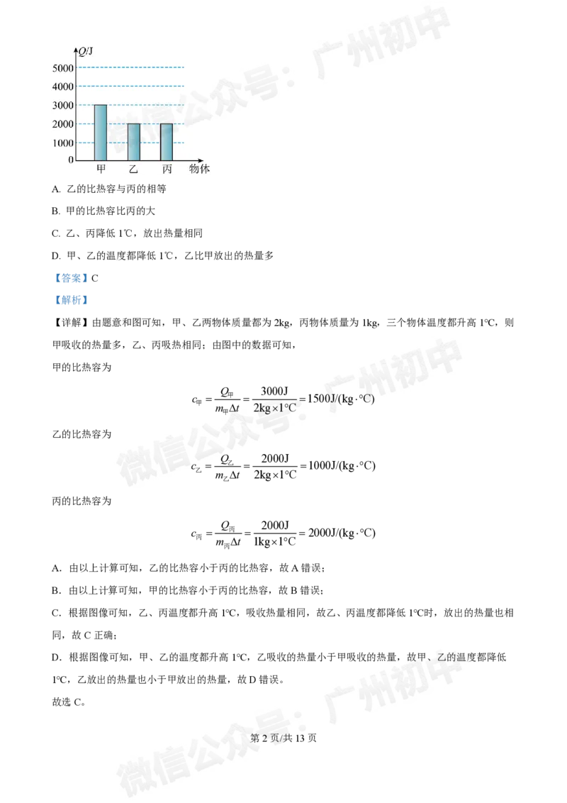 真光中学2024-2025学年九年级9月月考物理试题（答案解析）_广州九上月考+期中+期末+一模二模+中考真题_九上月考_初三上十月考