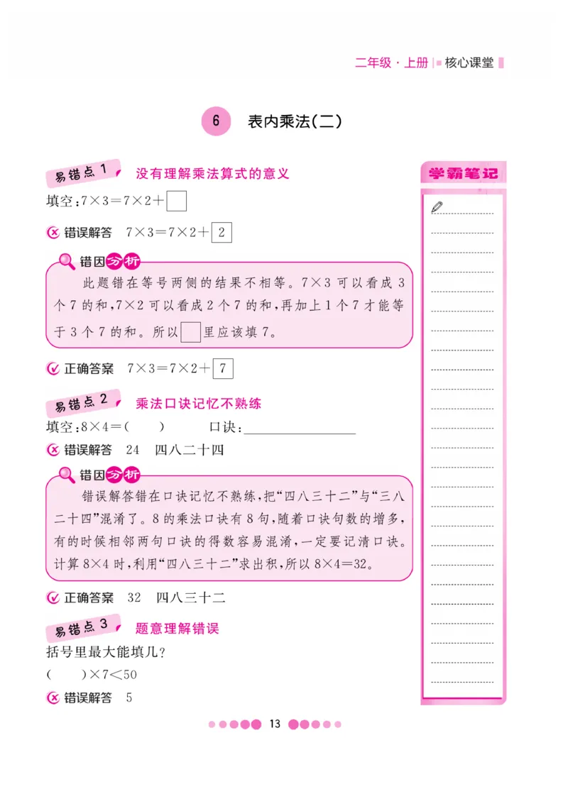 《核心课堂》易错清单-数学2年级上册（RJ）_二年级上下册资料_小学二年级学习资料-25年更新版_2-03、小学二年级数学上册_2-3-2、练习题、作业、试题、试卷_人教版_电子册类