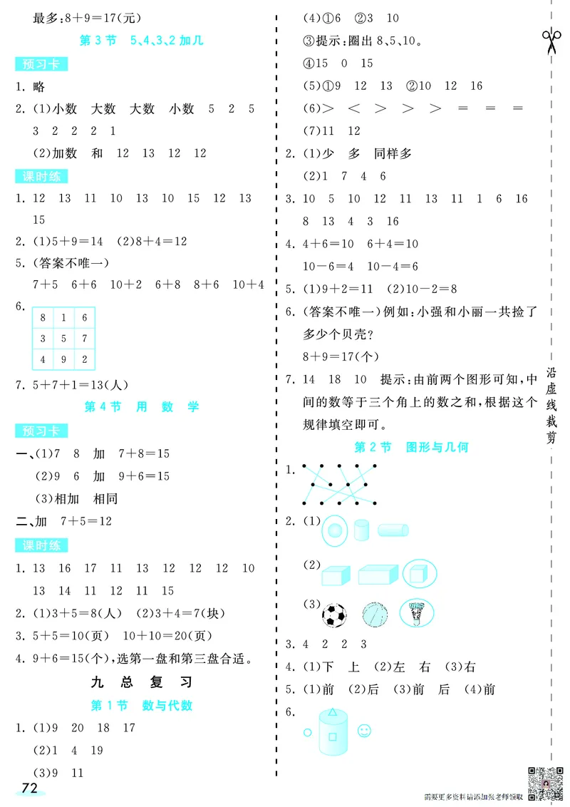 一（上）数学人教版预习《全册预习卡》RJ_一年级上下册资料_一年级上册小红书同款资料_一年级(1)