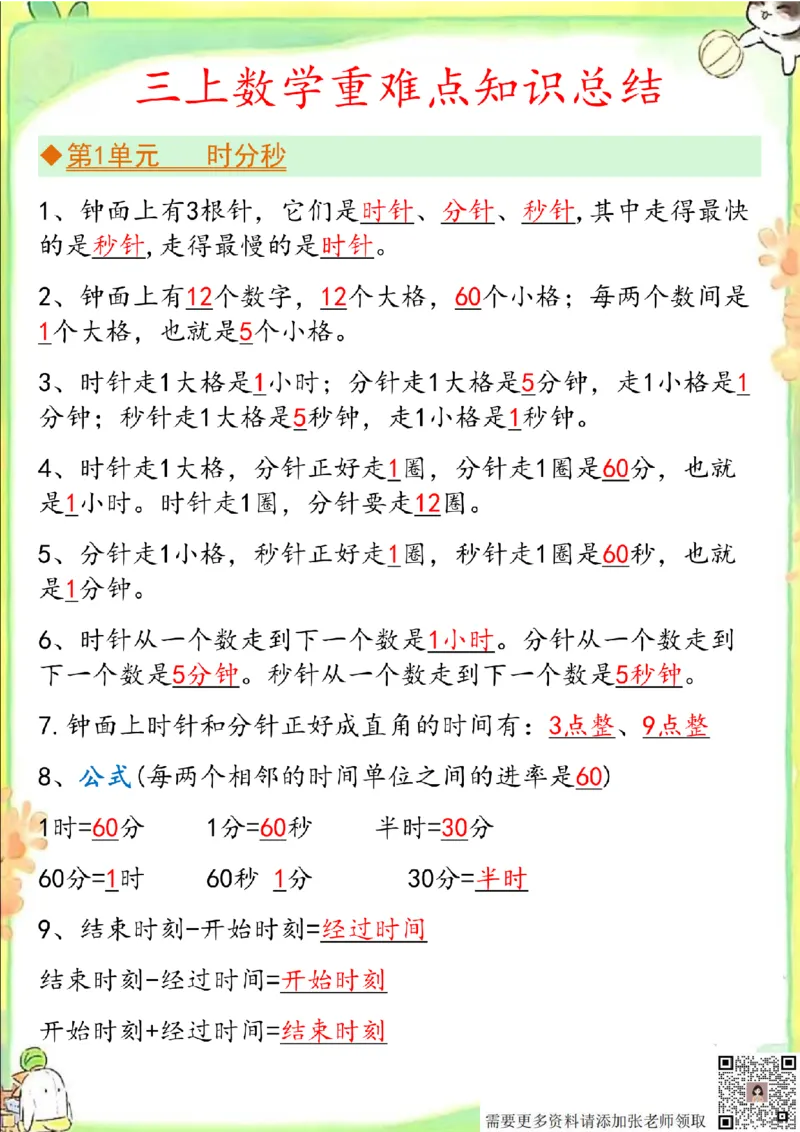 三上数学单元重点&考点&知识点_三年级上下册资料_三年级上册小红书同款资料_数学