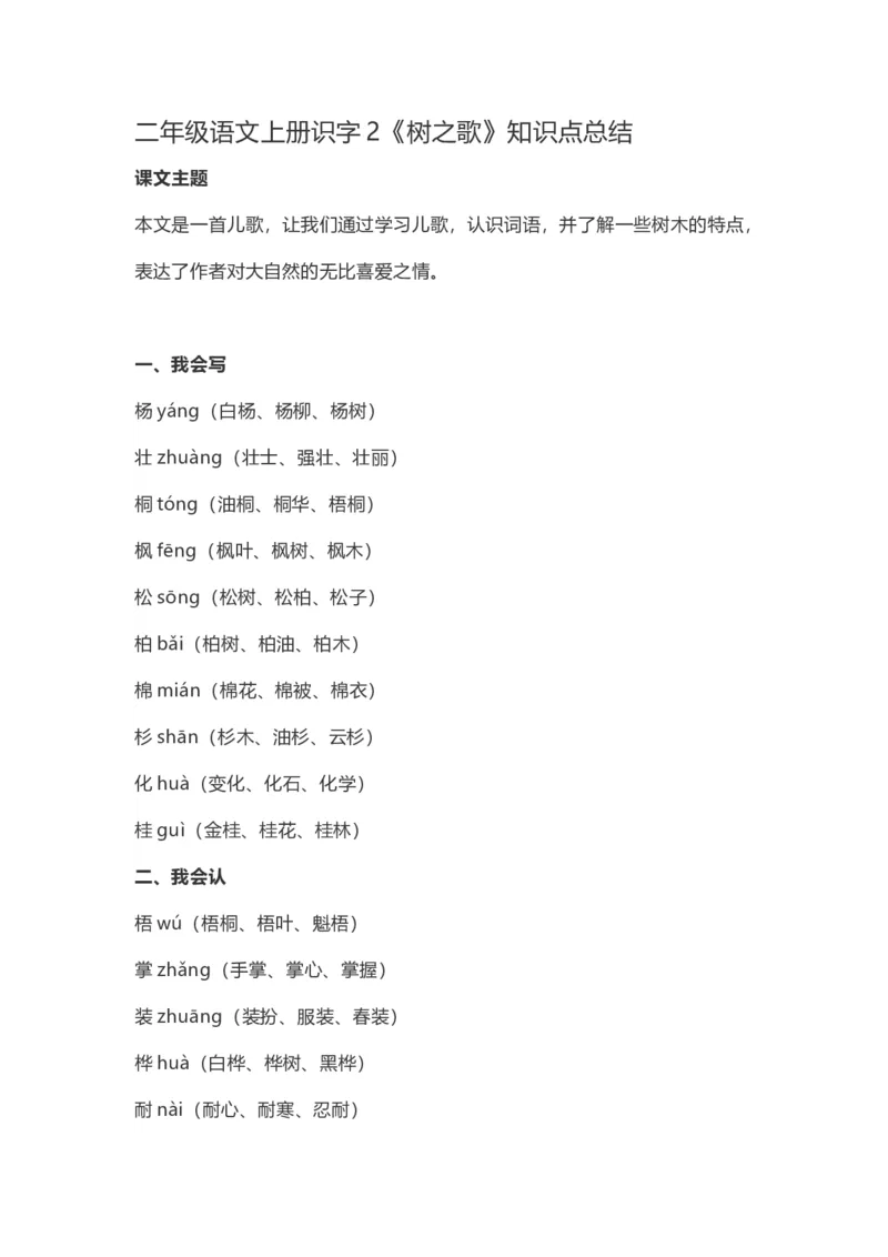 二（上）语文上识字2《树之歌》重点及主题归纳_二年级上下册资料_小学二年级学习资料-25年更新版_2-01、小学二年级语文上册_2-1-1、复习、知识点、归纳汇总_1-24课核心考点与重点