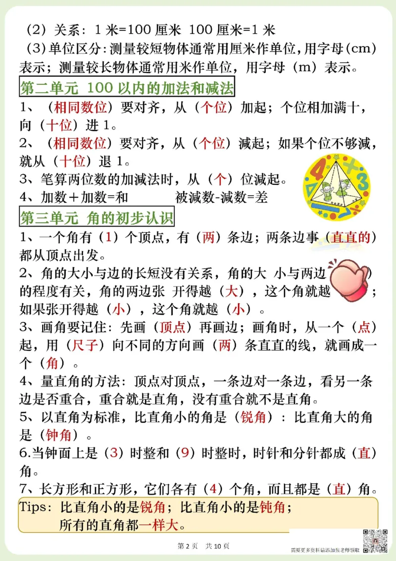 二年级上册数学期末全册知识点汇总_二年级上下册资料_二年级上册小红书同款资料_二年级
