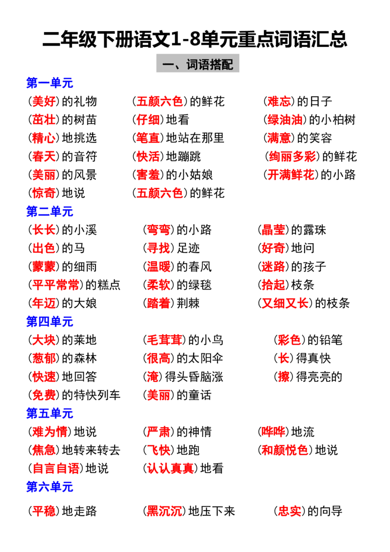 二年级下册语文1-8单元重点词语汇总_二年级上下册资料_小学二年级学习资料-25年更新版_2-02、小学二年级语文下册_2-2-2、练习题、作业、试题、试卷_专项练习