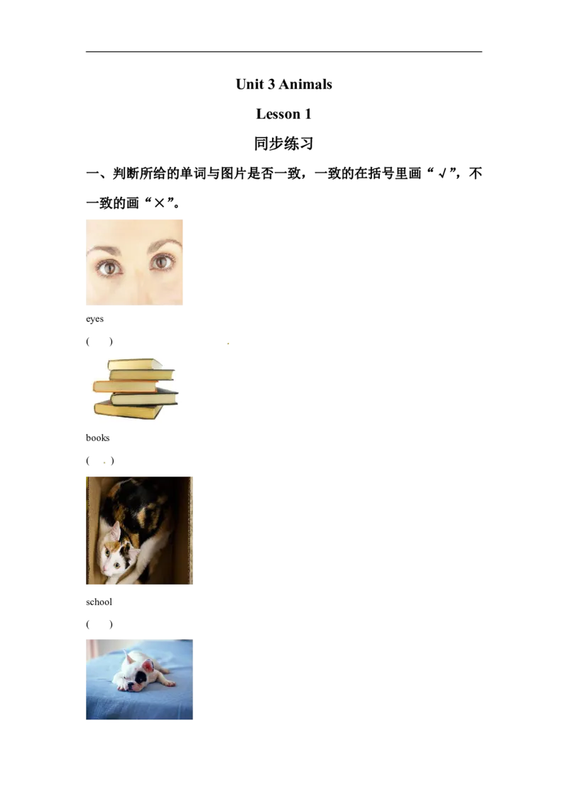 一年级上册英语课时练-Unit3AnimalsLesson1同步练习1人教新起点（word，含答案）_一年级上下册资料_小学一年级学习资料-25年更新版_1-05、小学一年级英语上册_人教版一起点_课时练