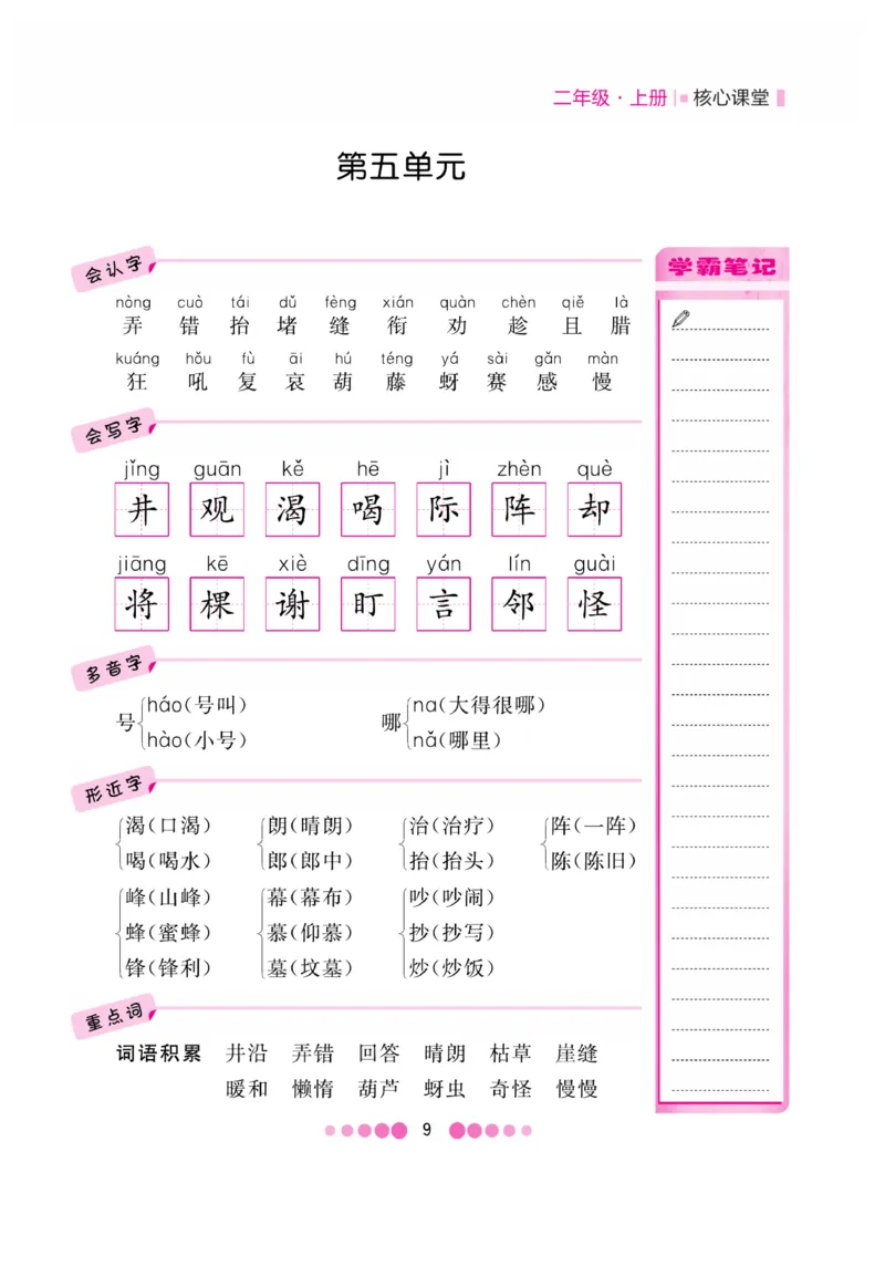 《核心课堂》知识清单-语文2年级上册（RJ）_二年级上下册资料_小学二年级学习资料-25年更新版_2-01、小学二年级语文上册_2-1-2、练习题、作业、试题、试卷_电子册类