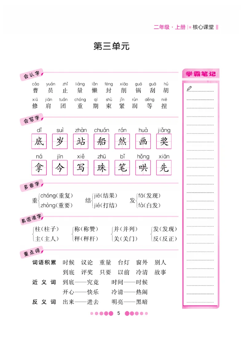 《核心课堂》知识清单-语文2年级上册（RJ）_二年级上下册资料_小学二年级学习资料-25年更新版_2-01、小学二年级语文上册_2-1-2、练习题、作业、试题、试卷_电子册类