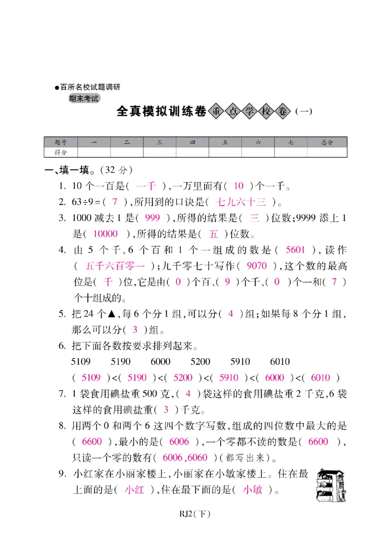 二年级下册数学-人教版-期末考试重点学校卷（一）（含答案）_二年级上下册资料_二年级语数英上下册学习资料_3-7-4、小学二年级数学下册_人教版_5、期末测试卷