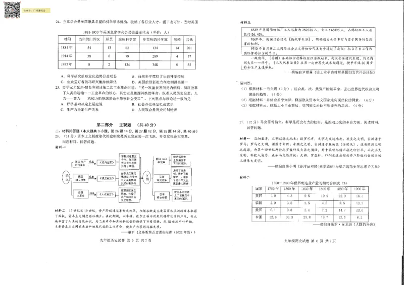 南沙区23-24学年九年级上学期期末历史试题_广州九上月考+期中+期末+一模二模+中考真题_广州初中九上期末阶段试题（部分名校卷）