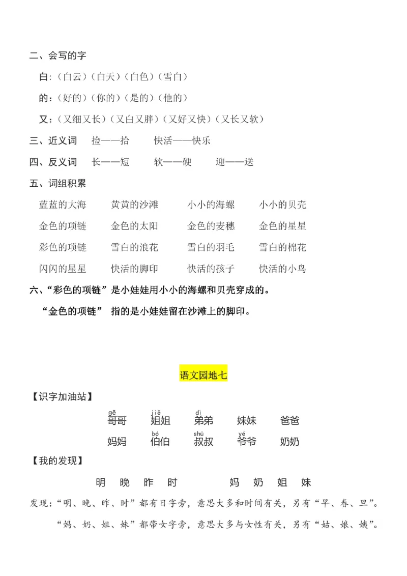 一（上）语文第7单元（每课）知识要点_一年级上下册资料_小学一年级学习资料-25年更新版_1-01、小学一年级语文上册_01、知识汇总_一（上）语文单元（每课）知识要点