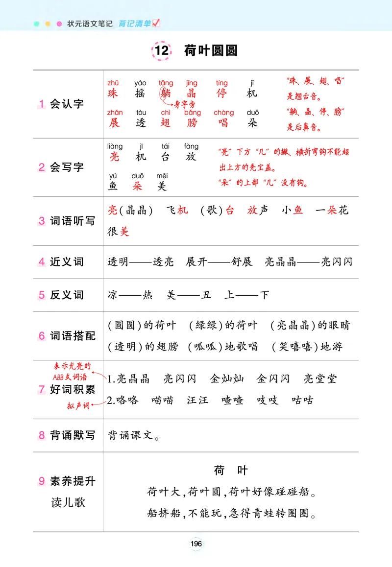 《状元语文笔记》（背记清单）语文1年级下册（RJ）_一年级上下册资料_小学一年级学习资料-25年更新版_1-02、小学一年级语文下册_3-6-2-2、练习题、作业、专项、试卷_部编（人教）版