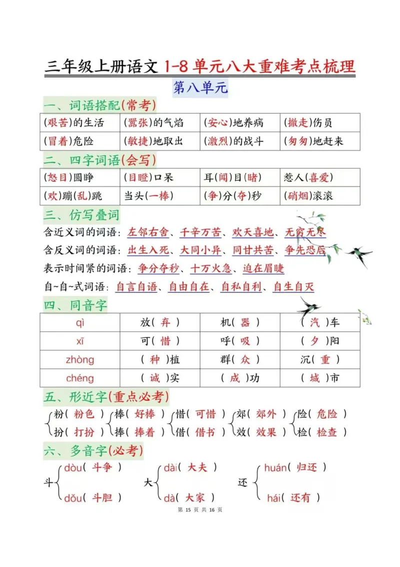 三上1-8单元重难点梳理_三年级上下册资料_三年级下册小红书同款资料_三下语文
