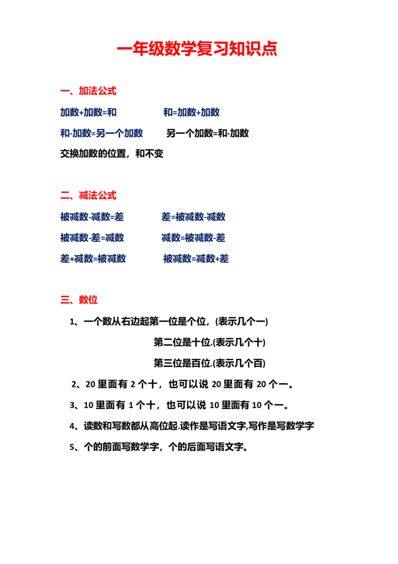 一年级上册数学复习必背公式知识点_一年级上下册资料_小学一年级学习资料-25年更新版_1-03、小学一年级数学上册_通用_知识点