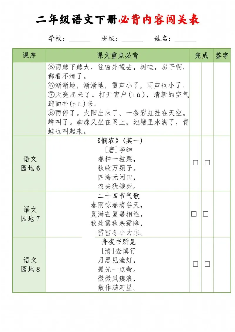 二年级下册语文全册背诵一览表_二年级上下册资料_二年级下册小红书同款资料_二下语文