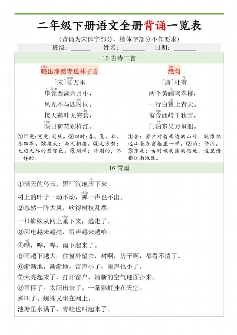 二年级下册语文全册背诵一览表_二年级上下册资料_二年级下册小红书同款资料_二下语文