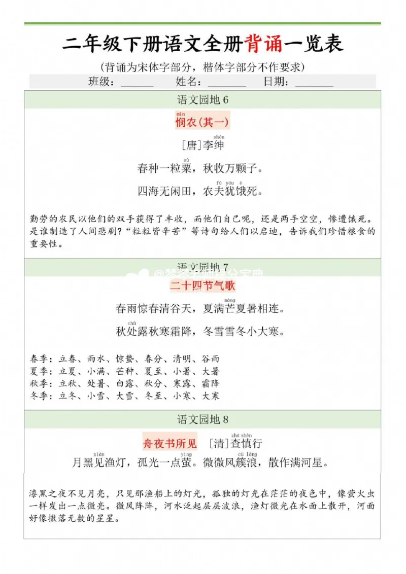二年级下册语文全册背诵一览表_二年级上下册资料_二年级下册小红书同款资料_二下语文