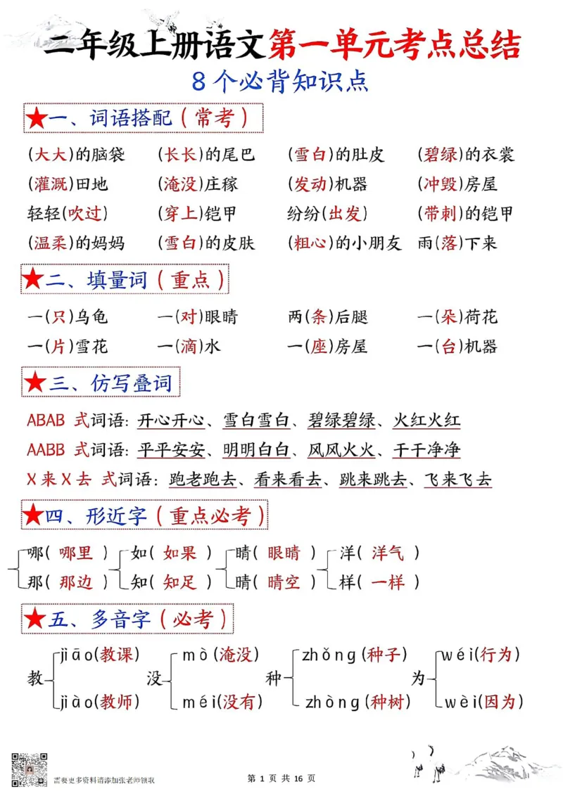 二年级上册语文1-8单元考点默写答案(1)_二年级上下册资料_二年级上册小红书同款资料_二年级