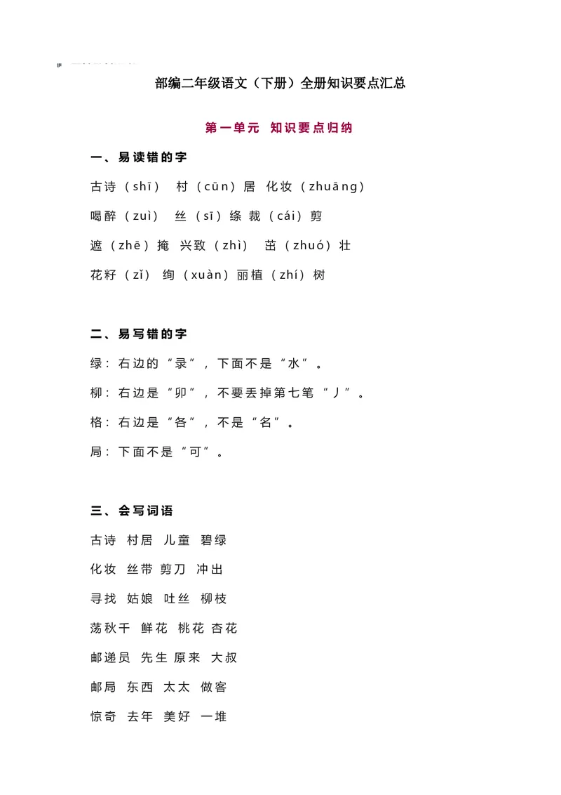 二年级下册语文部编版知识要点汇总_二年级上下册资料_小学二年级学习资料-25年更新版_2-02、小学二年级语文下册_2-2-1、复习、知识点、归纳汇总