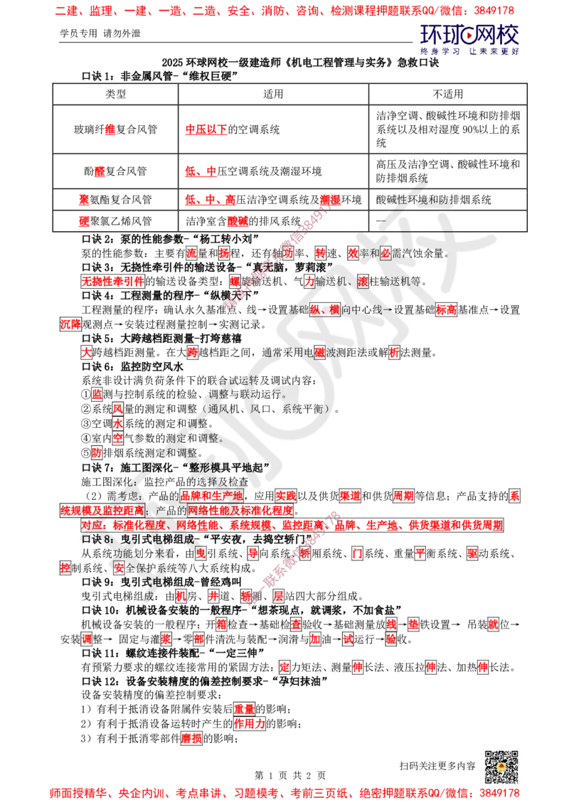 2025环球网校一级建造师《机电工程管理与实务》急救口诀_2026年一级建造师_2026年一建机电_2025年一建机电SVIP_01-精华文档✿电子教材✿历年真题_61-机电《考点急救口诀》HQ推荐